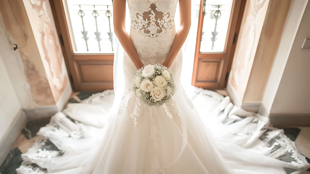 bride is wearing beautiful white lace